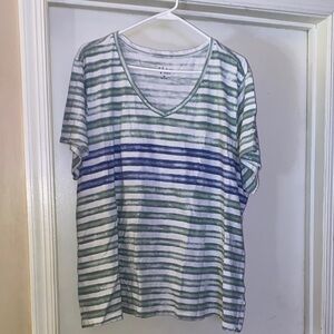 Style & Co. Green/Blue/White Striped Short Sleeve Top EUC